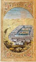 Utsikt over Mekka (La Mekke), stedet for muslimsk pilegrimsreise, og slettene til Arafat-fjellet (Arafah), Saudi-Arabia. Side hentet fra en utgave av Koranen