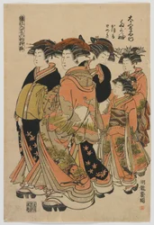 Motemodeller: Nye design som ferske unge blader: Courtesan Tagasode of Daimonjiya med Katsuru, Tomeki og Attendants, Edo-perioden, 1778-80 (farget treblokktrykk)