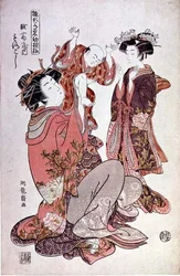 Kurtisanen Morokoshi fra Echizan med barn og ledsager, ca. 1775 (farget treblokktrykk)