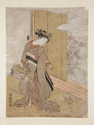 Woman and Sparrow (farget treblokktrykk)