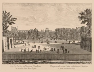 Utsikt over palasset og Tuileries-hagene, fra Queens-gårdsplassen