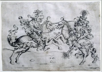 To ryttere som spiller. Spill med to menn til hest. Tegning av Israel Van Meckenem (ca. 1440-1503). Museet Louvre