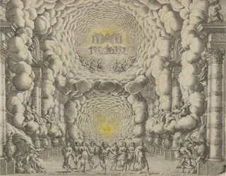 Design for et teatersett laget av Giacomo Torelli da Fano for balletten 'Les Noces de..., 1654