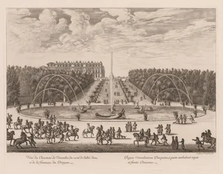 Utsikt over Château de Versailles, fra siden av banen og dragefontenen, 1676.