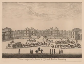 Utsikt og perspektiv av Palace of Versailles, fra innsiden av anti-gårdsplassen