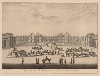 Utsikt og perspektiv av Palace of Versailles, fra innsiden av anti-gårdsplassen, 1664.