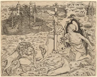 Saint Hieronymus i bot, med to skip i en havn
