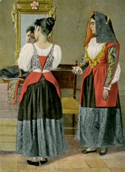 To kvinner i tradisjonelle drakter, Sennori, Sardinia, Italia, fotografert av G Dessi, Cagliari