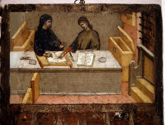 En kammerherre og en skatteoppkrever på kontoret, Biccherna (omslag til byen Sienas regnskapsregister) fra 1394. Nasjonalarkivet - Museo delle Tavolette di Biccherna, Siena