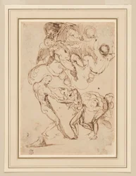 En studie av bundne mannlige figurer som blir håndtert, og forskjellige Putti, en som holder et palmeblad