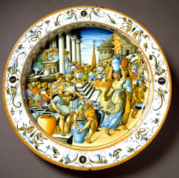 Et congiarium i antikkens Roma (gratis utdeling av vin og olje til folket). Keramisk fat fremstilt rundt 1550 i Urbino ved Fontana-verkstedet i Italia. Firenze, Museo Nazionale del Bargello