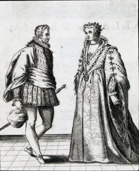 Et par italiensk adel. Gravering fra "" Il ballarino "" (eller Il danser) handler om dansen til dansemesteren Fabritio Caroso (1527 / 1535-1605 / 1620) 1581. Civic Museum Biblioteca Musicale, Bologna