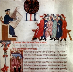 En mann med maktholding samlet detalj. Miniatyr hentet fra "" Short Populi et Compagniarum Pisani Communis "" (vedtekter for byen Pisa) 1300-1308 Pisa statsarkiv