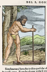 En innfødt mann tenner bål ved å gni to trestykker. Gravering fra "" Navigationi og Viaggi"" av Giovanni Battista Ramusio (1485-1557), vol. III, Venezia 1565.