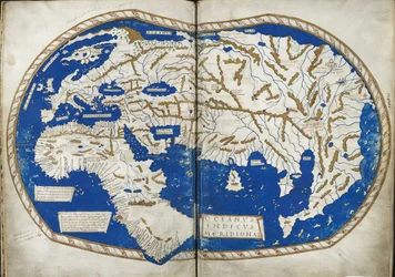 Legg til 15760 f.68v-69 Kart over verden, fra "Insularium Illustratum", av Enrico Martello, som er en beretning om øyene, hovedsakelig av Middelhavet, med fargede planer, italiensk, ca. 1470 (vellum)