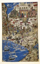 Legg til 27695 f.5 Capture of Tripoli i Syria av sultanen av Egypt i 1288, fra Treatise on the Vices (vellum)