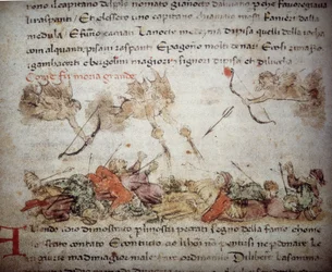 Allegorisk fremstilling av Svartedauden i Europa i 1347–48, fra «Croniche del Sercambi», ca. 1400 (penn og blekk på vellum)
