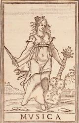 "Allegory of music"-side fra "Sum of all sciences"-essay av Aurelio Marinati (1500-tallet)