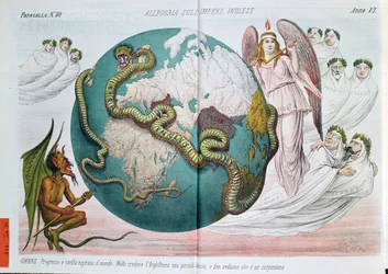 Allegori over Det britiske imperiet som kveler verden, satirisk karikatur fra Le Perroquet (Il Papagallo), 1878