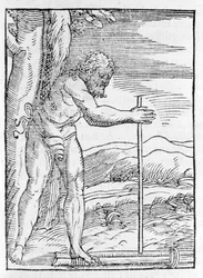 En indisk Tainos tenner bål ved å gni to trestykker. Gravering fra "" Navigationi og Viaggi"" av Giovanni Battista Ramusio (1485-1557), vol. III, Venezia 1565.
