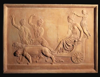 Et italiensk terrakotta-relieffpanel som viser Ariadnes triumf, vist i Bacchus" pantertrukne vogn med Silenus og Pan ser på, ca. 1870