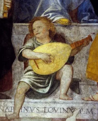 Englemusiker som spiller lut. Detalj av en freske fra 1600-tallet fra en kirke i Milano.