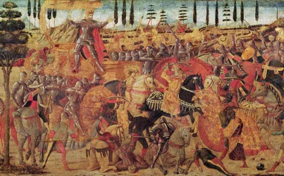 Kamp mellom Darius (399-330 f.Kr.) og Alexander den store (356-323 f.Kr.) (olje på panel)