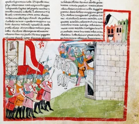 Battle of Montaperti, miniatyrer av Pacino di Buonaguida (ca 1280-før 1340) fra Nuova Cronica, av Giovanni Villani, manuskript Chigiano L VIII 296