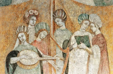 Bicocca degli Arcimboldi: freskomaleri fra 1400-tallet, detalj av kvinner som spiller musikk (fresko)