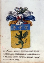 Våpenskjold fra Greppi-familien i Milano, rustningshjelm, fleur-de-lis og drage. Milanos statsarkiv fra 1700-tallet