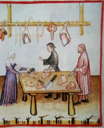 Slakting av dyrehoder. Belysning fra Codex Vindobonensis Series Nova 2644 (fol.76v), Tacuinum Sanitatis