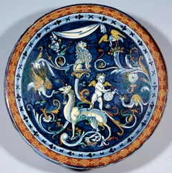 Cafaggiolo fajansekopp dekorerer fantastiske dyr. 1510-1520 Paris, Louvre-museet