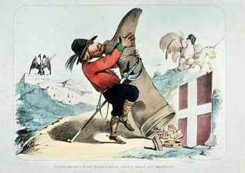 Karikatur av Giuseppe Garibaldi som tømmer en støvel (Italia) full av kroner, av Litografia Perrotta