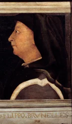 Cassone med 5 portretter av mesteren av den florentinske renessansen detalj med portrettet av Brunelleschi Filippo (1377-1446). Italiensk skole på 1500-tallet. Inskripsjonen nedenfor er sannsynligvis suksessiv. Musée du Louvre, Paris.