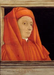 Cassone med 5 portretter av Mesteren av den florentinske renessansen, detalj med portrettet av Bondone Ambrogio dit Giotto di Bondone (ca. 1267-1337), italiensk skole på 1500-tallet, olje på tre. Inskripsjonen nedenfor er sannsynligvis suksessiv. Museet d