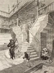 Slottsgård, middelalderlandsby i Torino, Italia, gravering av Bonamore fra L'Illustration Italiana, nr. 18, 4. mai