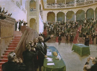 Cavour får det første italienske nasjonalparlamentet til å applaudere kong Viktor Emmanuel II (1820-78) den 18. februar 1861, illustrasjon fra et album om Risorgimentoets historie, laget for sjokoladen