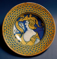 Keramisk fat dekorert med en fremstilling av Scipio Africanus (185-129 f.Kr.), produsert i Deruta, Italia. Omkring 1520. Firenze, Museo Nazionale del Bargello