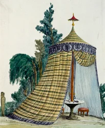 Kinesisk paviljong i hage, ca 1810, gravering, Italia