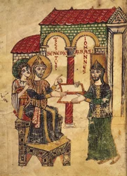 Codex 73 Abbed John tilbyr manuskriptet til St. Benedict (ca. 480-c.550), abbed og grunnlegger av Montecassino, skrevet av diakon Paul, italiensk, 915, fra Commentary on the monastic rule of St. Ben