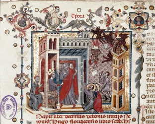 Codices Cavenses, Cod.25 f.181, Simon Magus, the Emperor Nero, and the Apostles, miniatyr fra Speculum Historiale, Part I, av Vincent de Beauvais, ca. 1320 (tempera på vellum)