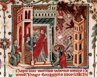 Codices Cavenses, Cod.25 f.181, Simon Magus, the Emperor Nero, and the Apostles, miniatyr fra Speculum Historiale, Part I, av Vincent de Beauvais, ca. 1320 (tempera på vellum)