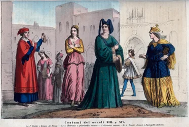 Drakter i Siena mellom 1200- og 1300-tallet - gravering fra «Usi e Costumi di Tutti i Popoli dell