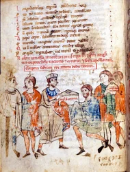 Retten til Mathilde av Canossa (eller grevinne Mathilde av Toscana) (1046 - 1115) i "" Vita Mathildis""" av Donizone, manuskript fra 1200-tallet. Lucca, Bibl, Governativa.