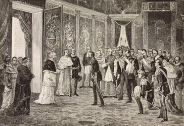 Kronprins av Tyskland (fremtidig Frederick III) blir mottatt av pave Leo XIII i tronrommet, Vatikanet, gravering fra tegning av Ximenes fra skisse av Dal Don, fra L