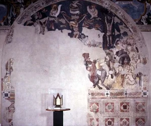 Korsfestelse, skadet lunette fra Appartamento Guastalla, tilskrevet Bolognese School (fresco)