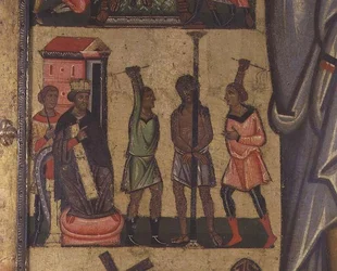 Crucifixion with Stories of the Passion: detalj som viser Kristi flagellasjon, School of Lucca (tempera på panel)