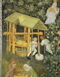 Knusing av druer. Vinpressen (fresco)