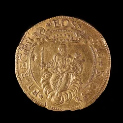 Valutaen til republikken gener: 20 doble gull. Diameter 58 mm. 1645. Tilbake. Genmuseer i Strada Nuova