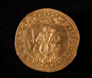 Republikken Genes valuta: 25 doble gullmynter. Diam.52,5 mm. 1694. Tilbake. Genes Museums of Strada Nuova (inv. 6457)